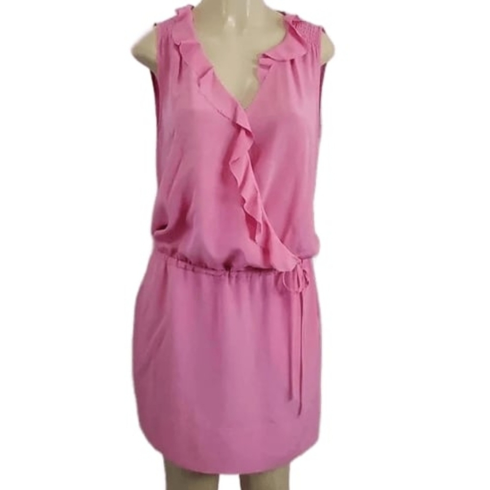 Banana Republic Dress Size 8 Pink Ruffle Drawstring 100% Silk